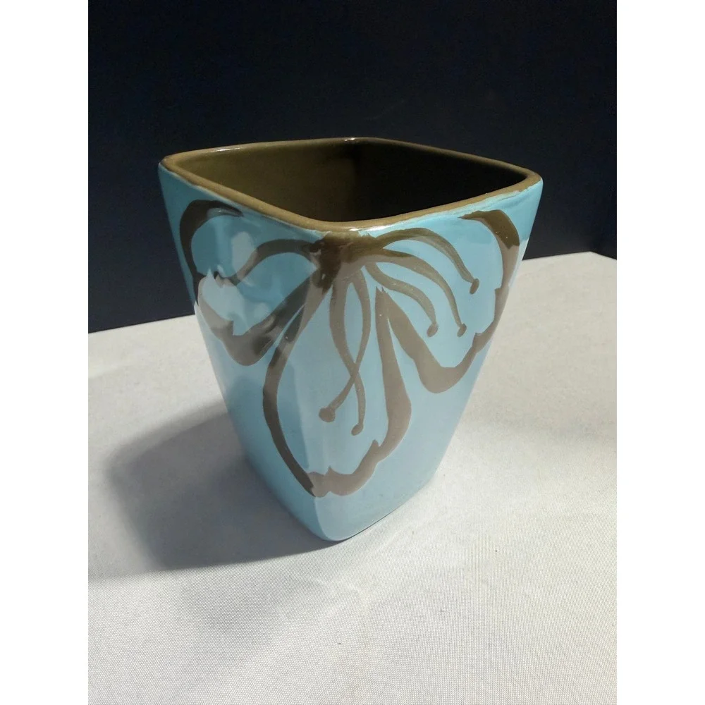 Pier 1 Hibiscus Square Stoneware Mugs Set of 2 Turquoise Blue Brown Floral